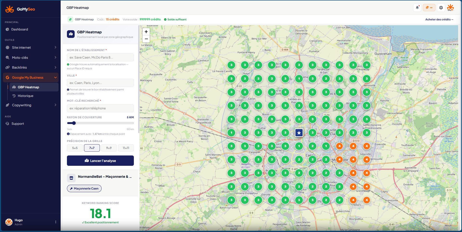 GBP Heatmap GoMySeo sur Caen : grille 7x7 de positions Google Business Profile pour le mot-clé maçonnerie, avec keyword ranking score de 18,1