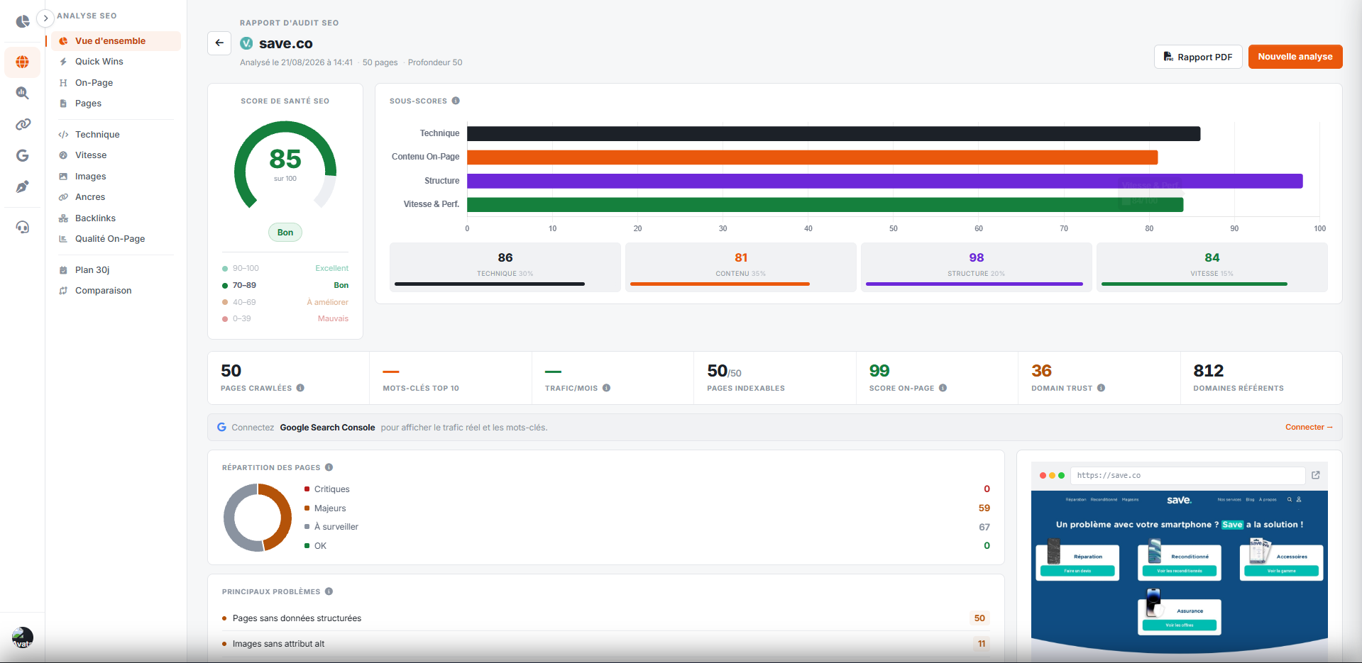 Rapport d'audit SEO GoMySeo : score de santé 85/100, sous-scores technique, contenu on-page, structure et vitesse