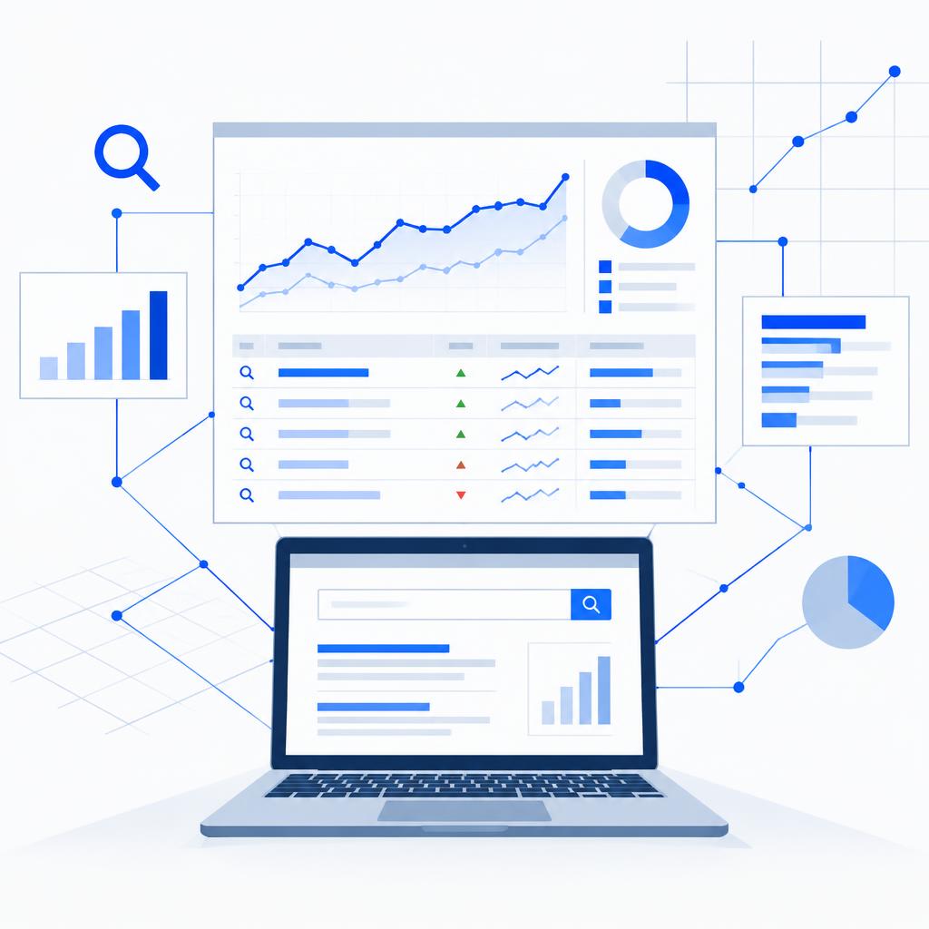 Tableau de bord Google Search Console affichant les graphiques de clics, impressions et requêtes au-dessus d'un ordinateur portable