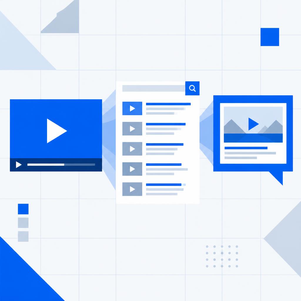 Lecteur vidéo relié à une page de résultats de recherche et à une réponse d'IA contenant une carte vidéo